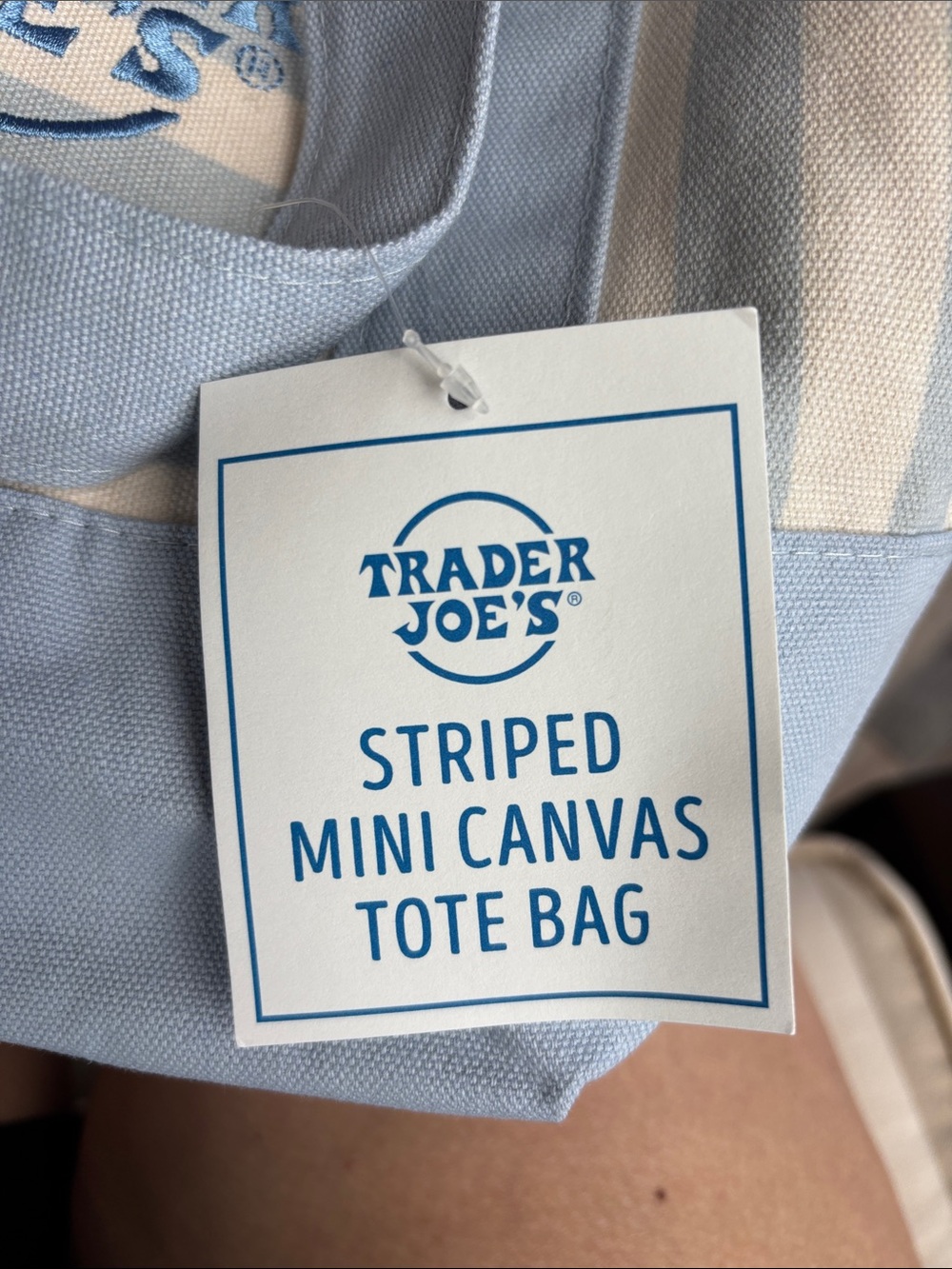 Trader Joe's Striped Mini Canvas Tote Bag in Light Blue and Cream - Picture 2 of 3